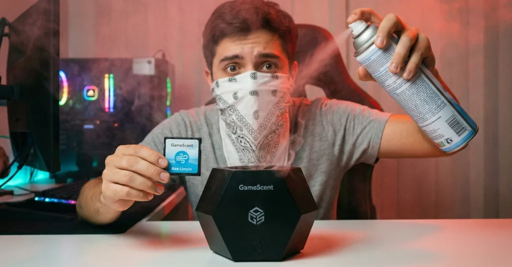 Un gamer con un pañuelo en la cara como máscara, mirando a cámara con ojos desesperados. Sostiene un cartucho de GameScent etiquetado como "Clean Air" mientras rocía frenéticamente un bote de ambientador en aerosol sobre la máquina humeante, en un intento inútil de limpiar el aire.