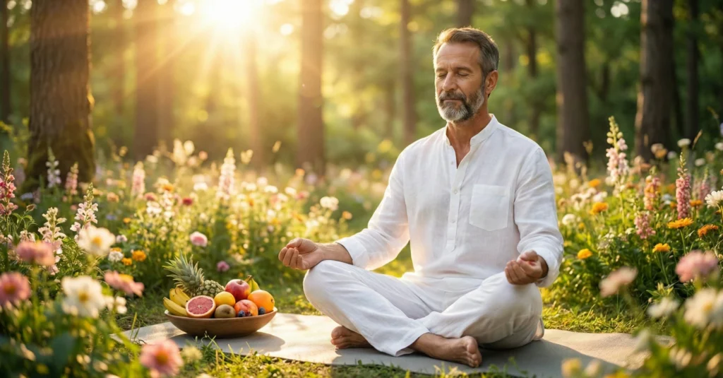 El impactante engaño del ayuno de dopamina: Pagar 2.000€ por jugar a ser pobre 2 El fabuloso marketing de un retiro espiritual con un hombre meditando en lino blanco rodeado de naturaleza.