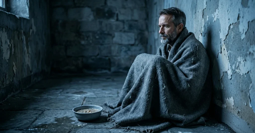 El impactante engaño del ayuno de dopamina: Pagar 2.000€ por jugar a ser pobre 3 La cruda realidad de un retiro de silencio: hombre pasando un frío terrorífico en una habitación de piedra.