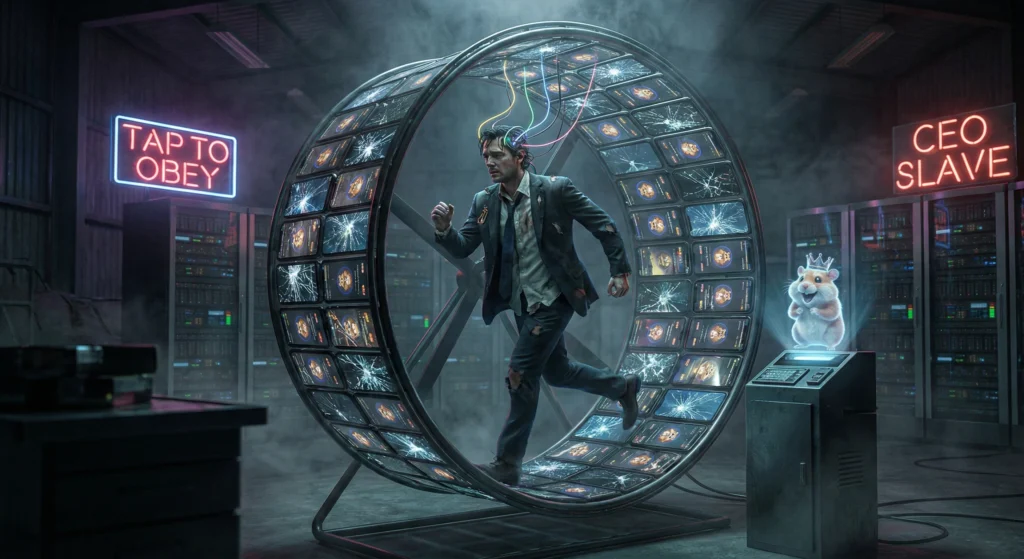 Hamster Kombat un hombre con traje de ejecutivo corriendo dentro de una rueda de hámster gigante hecha de pantallas de móvil rotas en un entorno cyberpunk oscuro. Un holograma de un hámster con corona se ríe mientras carteles de neón dicen 'TAP TO OBEY' y 'CEO SLAVE'. Ilustración de la explotación laboral en juegos clicker como Hamster Kombat.