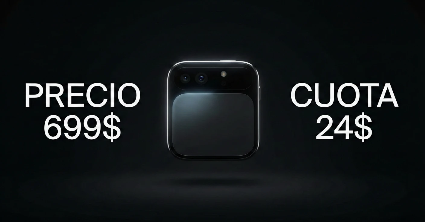 Fotografía de producto minimalista del Humane AI Pin flotando en un fondo oscuro, con texto blanco grande a los lados que indica "PRECIO 699$" y "CUOTA 24$", destacando el alto coste y la suscripción obligatoria del fracasado dispositivo.