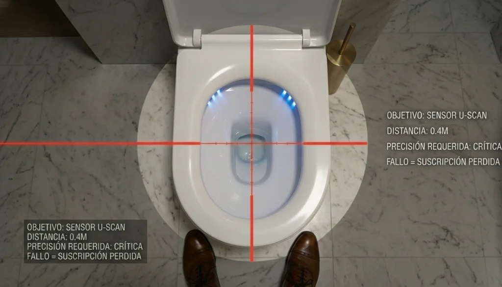 Vista en primera persona mirando hacia el interior del inodoro, con una interfaz de mira de francotirador de videojuego apuntando al pequeño sensor U-Scan para ilustrar la dificultad de uso.