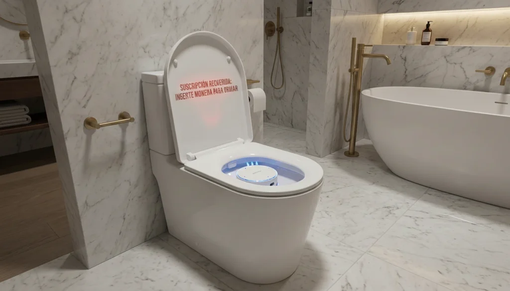 Un inodoro de mármol de lujo con el dispositivo Withings U-Scan iluminado en azul en su interior. Sobre la taza flota un holograma rojo que dice: "SUSCRIPCIÓN REQUERIDA: INSERTE MONEDA PARA ORINAR"