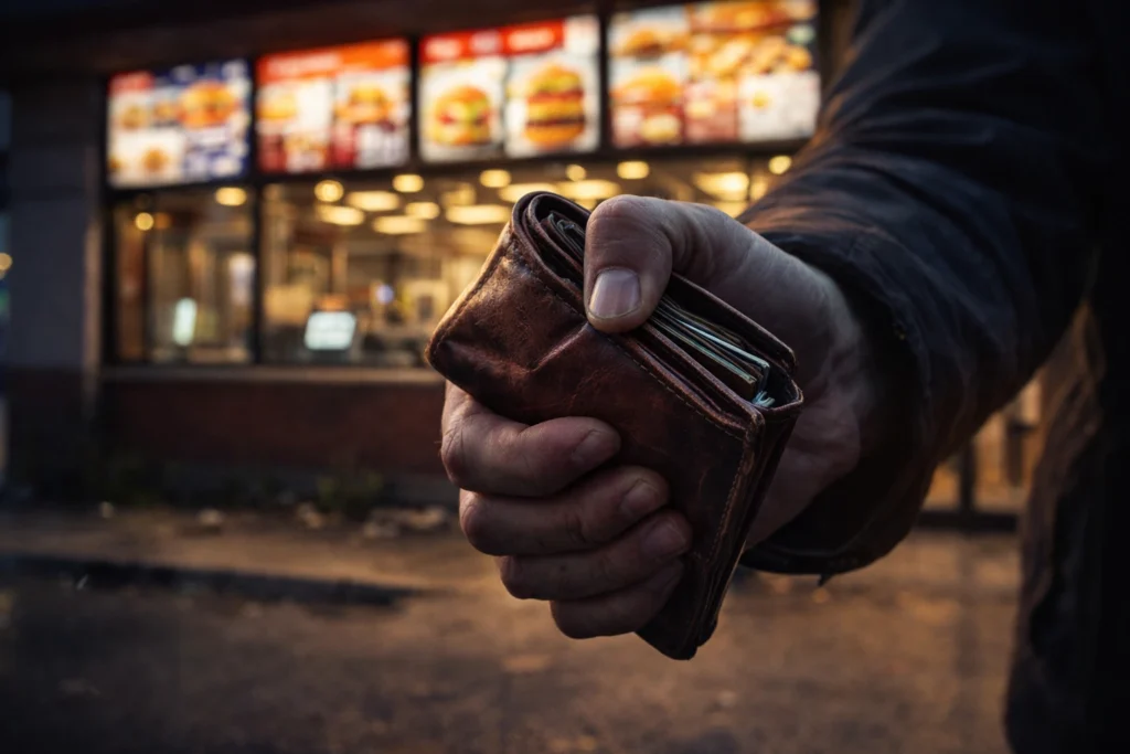 Cliente cerrando su cartera frente a un restaurante de comida rápida vacío como símbolo de votar con la cartera contra precios abusivos