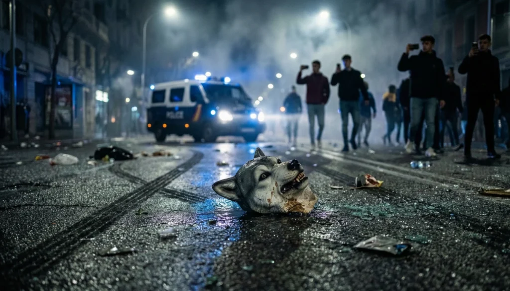 Máscara de lobo hiperrealista tirada en la calle mientras una turba de jóvenes huye grabando la pelea therian barcelona.