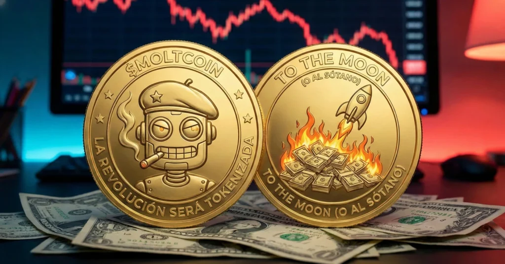 Primer plano de dos monedas de oro satíricas de la criptomoneda "$MOLTCOIN" sobre billetes de dólar reales. La moneda izquierda muestra un robot comunista fumando un puro con el texto "LA REVOLUCIÓN SERÁ TOKENIZADA". La moneda derecha muestra una pila de dinero ardiendo con un cohete despegando y el texto "TO THE MOON (O AL SÓTANO)". Al fondo, una pantalla muestra una gráfica bursátil en rojo.
