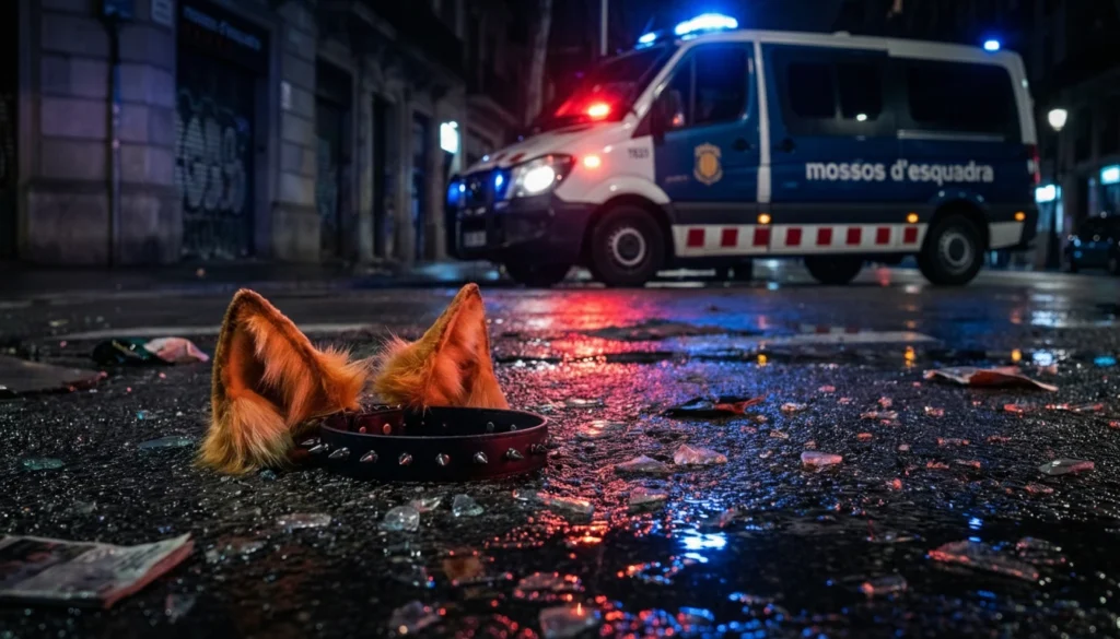 Orejas de zorro sintéticas abandonadas en el asfalto mojado frente a un coche de policía tras la pelea therian barcelona.