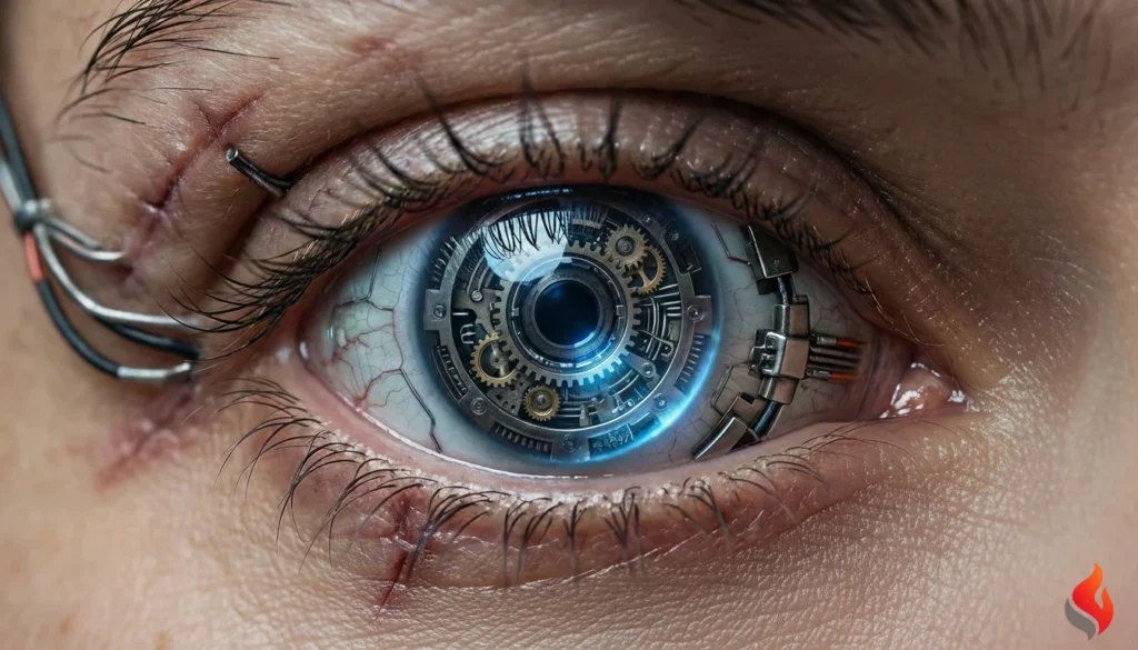 Ojos biónicos: Elon Musk te devuelve la vista, pero la suscripción a 'Colores Vivos' va aparte 3 Primer plano hiperrealista de un ojo biónico con intrincados componentes mecánicos, engranajes dorados y circuitos metálicos integrados en el iris, mostrando detalles de piel humana, pestañas y suturas quirúrgicas con cables sutiles.