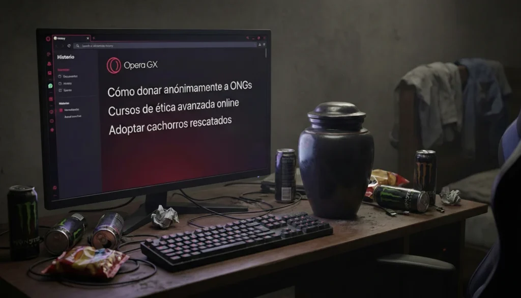 Escritorio gaming desordenado con latas de bebida y una urna funeraria junto a un monitor de PC. La pantalla muestra el navegador Opera GX con un historial de búsqueda falso en español ("Cómo donar anónimamente a ONGs", "Cursos de ética avanzada", "Adoptar cachorros").