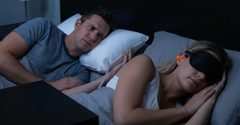 "Comparativa visual: hombre sufriendo la incomodidad de la Motion Pillow con luz azul versus mujer descansando con antifaz y tapones de espuma baratos."