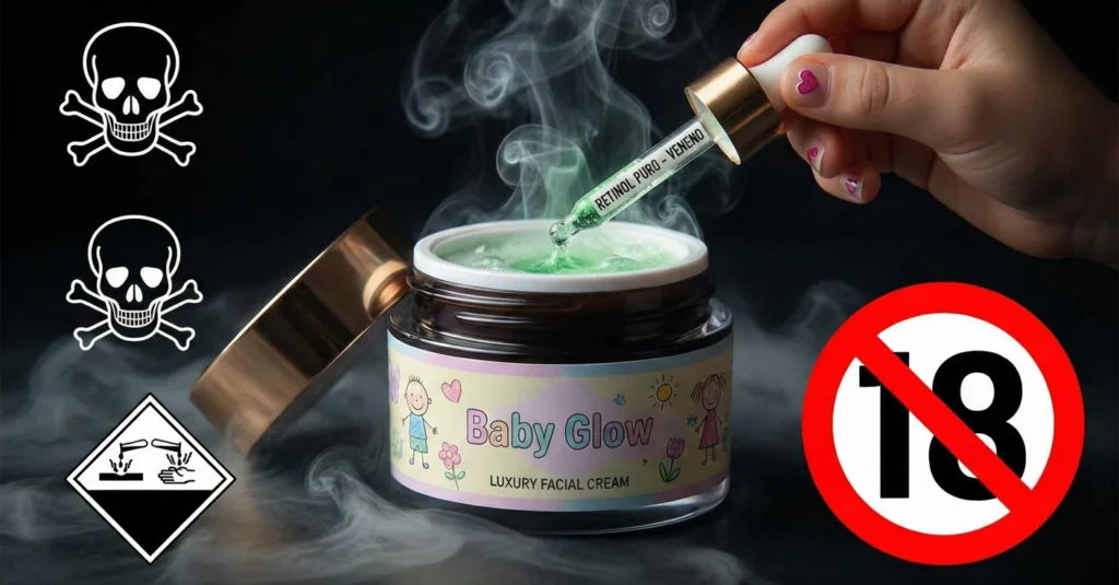 Niña mezclando crema infantil con veneno asociado a Sephora Kids Quemaduras retinol.