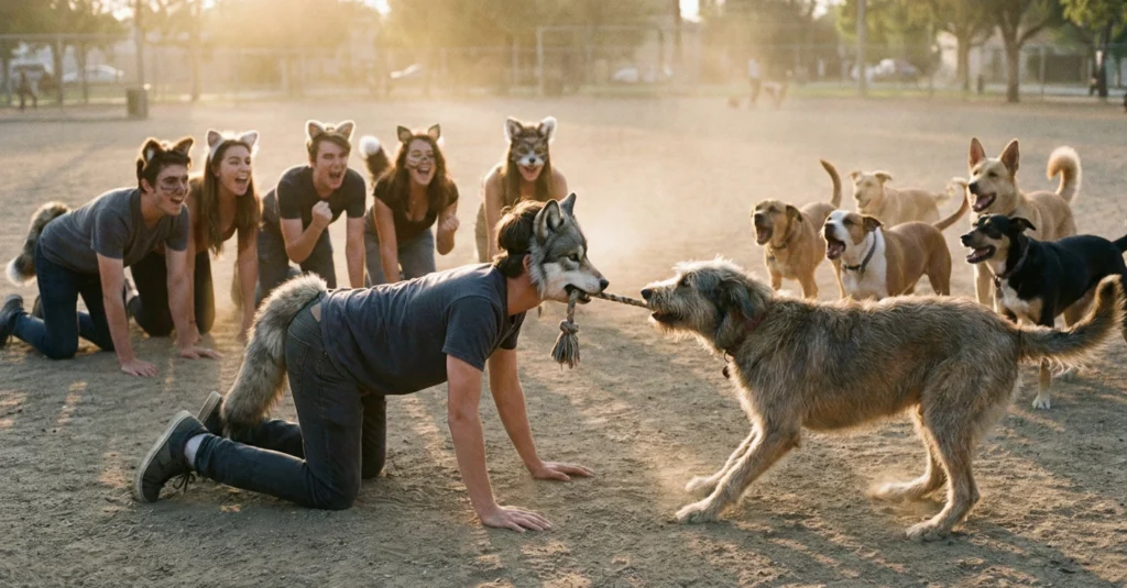 Quedada Therians Barcelona: Cuando la Crisis de los 20 Acaba a Cuatro Patas en el Arc de Triomf 2 Absurdo en la quedada therians Barcelona: un joven a cuatro patas jugando a tirar de la cuerda con un perro real ante sus grupos.