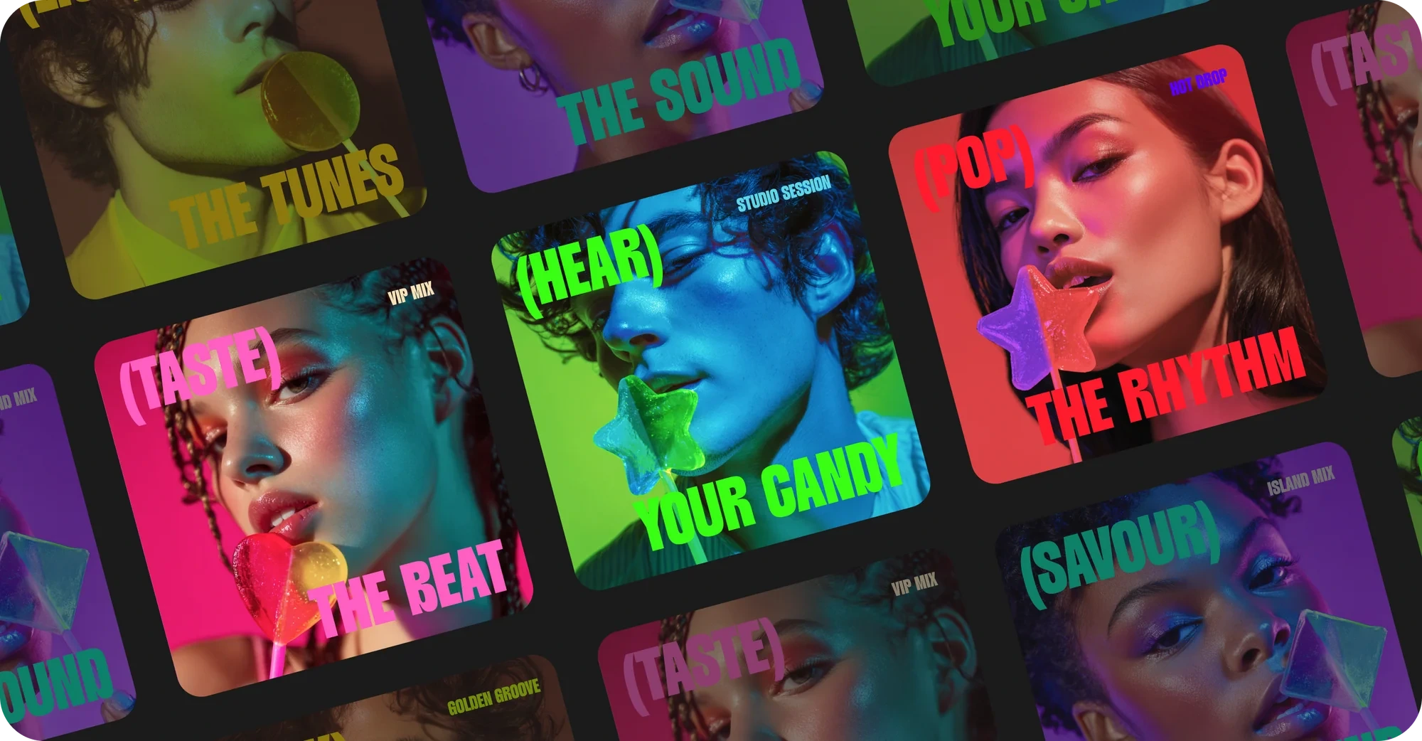 Imagen promocional de Lollipop Star, mostrando las versiones de su chupa chups musical