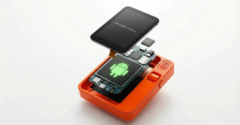 Rabbit R1: El pisapapeles de 200€ que prometió matar al móvil y murió en el intento 1 espiece del Rabbit R1 mostrando componentes baratos de Android y pantalla con texto Cargando IA Falsa.