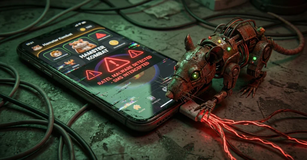 Primer plano de un teléfono móvil dañado y sucio con la pantalla rota mostrando una aplicación falsa de Hamster Kombat con advertencias de 'RATEL MALWARE DETECTED'. Una rata mecánica hecha de cables oxidados muerde el puerto de carga del teléfono, ilustrando los peligros de los clones infectados con troyanos bancarios.