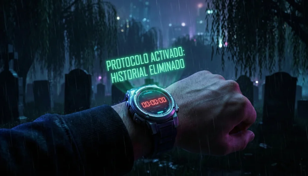 Primer plano de un reloj inteligente futurista en un cementerio lluvioso de noche, mostrando una cuenta atrás a "00:00:00" y una notificación holográfica verde que dice "PROTOCOLO ACTIVADO: HISTORIAL ELIMINADO", ilustrando el concepto de muerte digital.