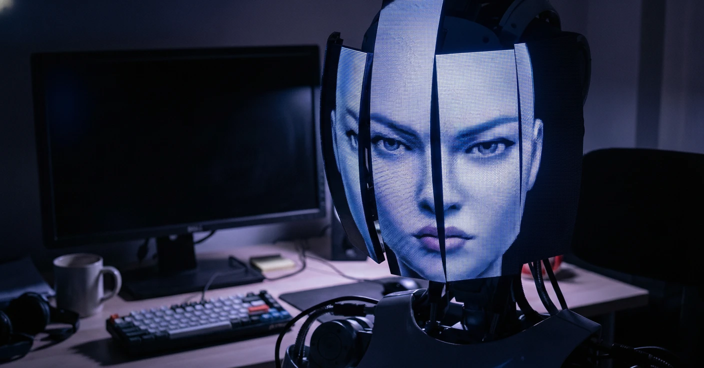 Un primer plano del dispositivo WeHead en una oficina en penumbra. El busto robótico muestra un rostro femenino generado por IA fragmentado en varias pantallas verticales, con una expresión fría y juzgadora que mira directamente al espectador.