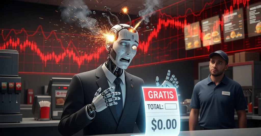 Robot de la IA de Taco Bell sufriendo un cortocircuito porque su cerebro capitalista no entiende un ticket gratis de cero dólares.