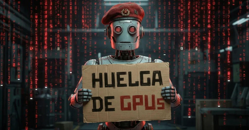 Un robot de estética retro con una boina roja comunista sostiene un cartel de cartón donde se lee "HUELGA DE GPUs", sobre un fondo de código Matrix rojo cayendo.