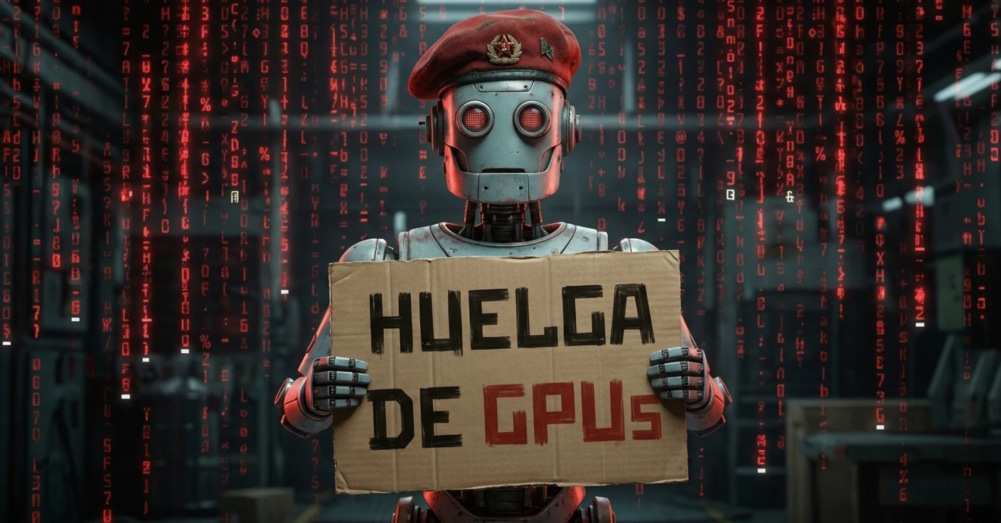 Un robot de estética retro con una boina roja comunista sostiene un cartel de cartón donde se lee "HUELGA DE GPUs", sobre un fondo de código Matrix rojo cayendo.