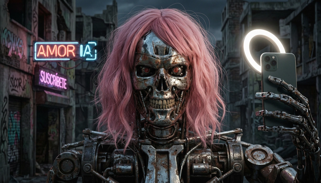 Robot T-800 oxidado con peluca rosa y anillo de luz en ruinas urbanas, estafa apocalipsis IA.