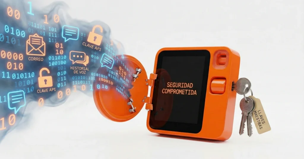 Rabbit R1: El pisapapeles de 200€ que prometió matar al móvil y murió en el intento 3 Caja fuerte digital abierta del Rabbit R1 mostrando seguridad comprometida y claves maestras volando.