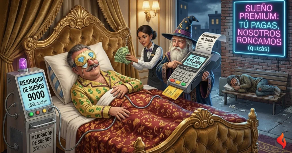 Pagar 5.000€ por estar inconsciente: El "Turismo de Sueño" confirma que hemos fracasado como especie 6 Sátira realista del "Turismo de Sueño": millonario paga 15.000€ a un "mago" del sueño por dormir en un hotel de lujo conectado a una máquina, mientras un sin techo descansa gratis en la calle. Cartel de neón en español: "SUEÑO PREMIUM"