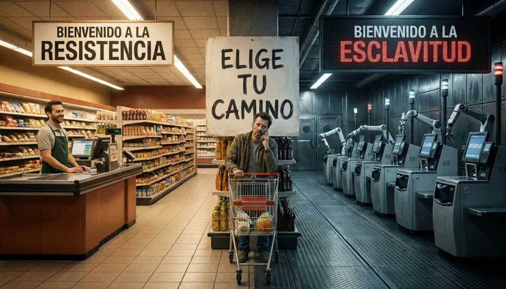 Paradoja del autocobro donde el cliente elige entre la resistencia humana y la esclavitud tecnológica de las multinacionales.