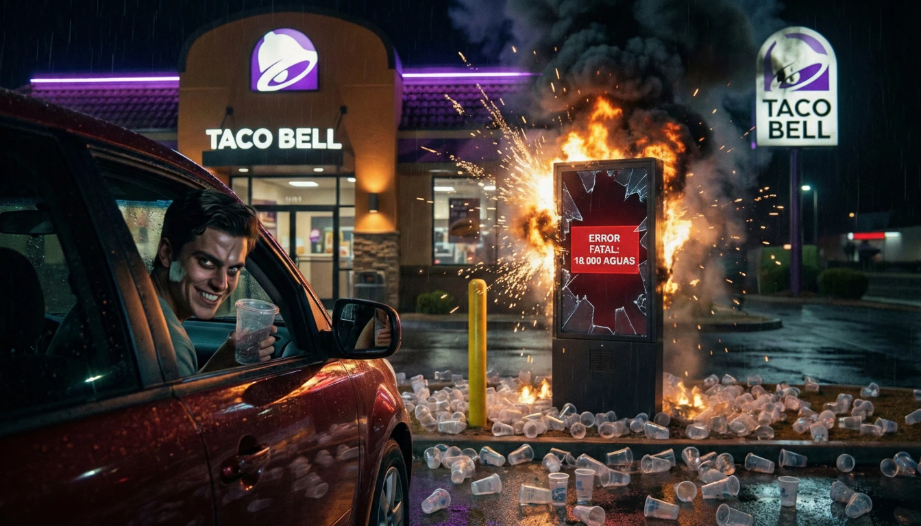 Cliente en su coche hackeando la IA de Taco Bell con 18.000 vasos de agua gratuitos mientras la máquina colapsa en llamas.