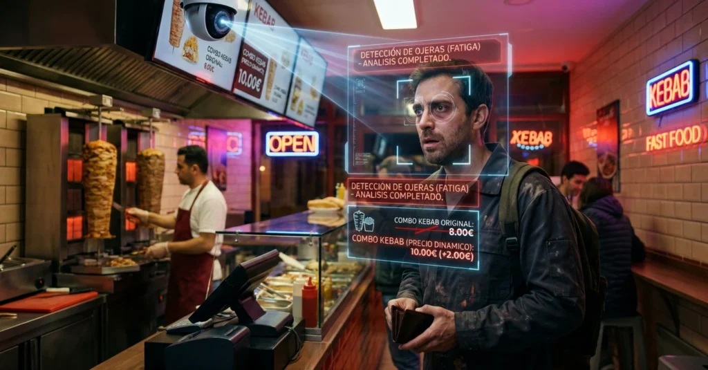 Cliente cansado en un restaurante de comida rápida siendo escaneado por una cámara de inteligencia artificial que aplica precios dinamicos basados en la detección de fatiga y ojeras en su rostro.