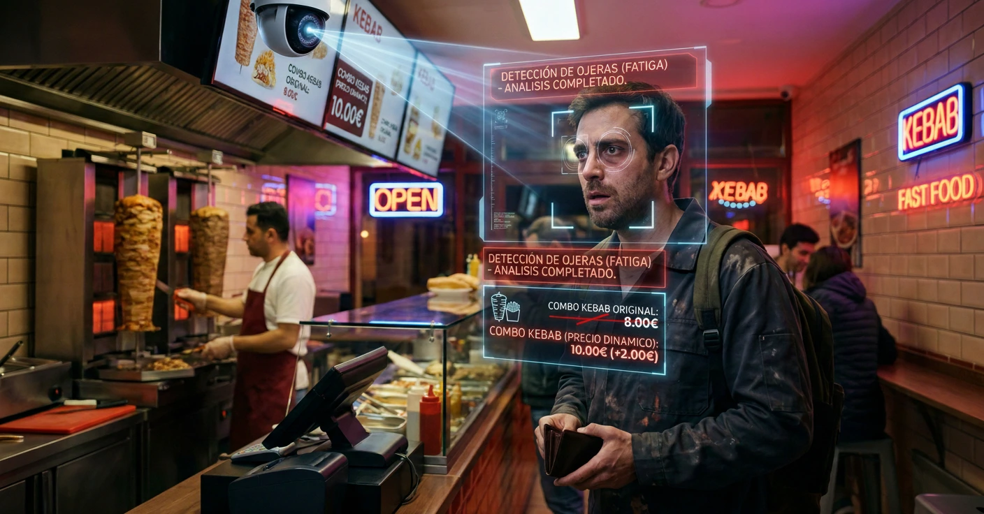 Cliente cansado en un restaurante de comida rápida siendo escaneado por una cámara de inteligencia artificial que aplica precios dinamicos basados en la detección de fatiga y ojeras en su rostro.
