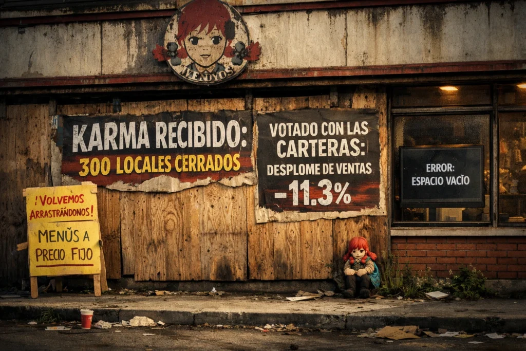 Local de comida rápida tapiado con carteles sobre cierre de restaurantes y caída de ventas tras el rechazo de los precios dinámicos