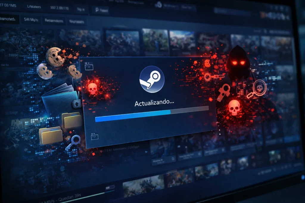 FBI investiga Steam: la tienda donde el malware te llega en un parche 8 Pantalla de ordenador con una actualización de videojuego en marcha rodeada de iconos de robo digital, criptos y malware.