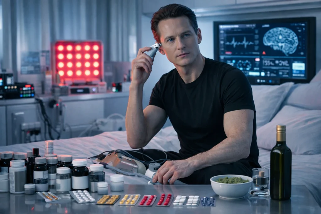 La terrorífica dieta de Bryan Johnson: 100 pastillas al día, sangre de su hijo y aceite chileno para no envejecer 2 Rutina y dieta de Bryan Johnson en su dormitorio clínico con pastillas, sensores biométricos y luz roja de terapia.