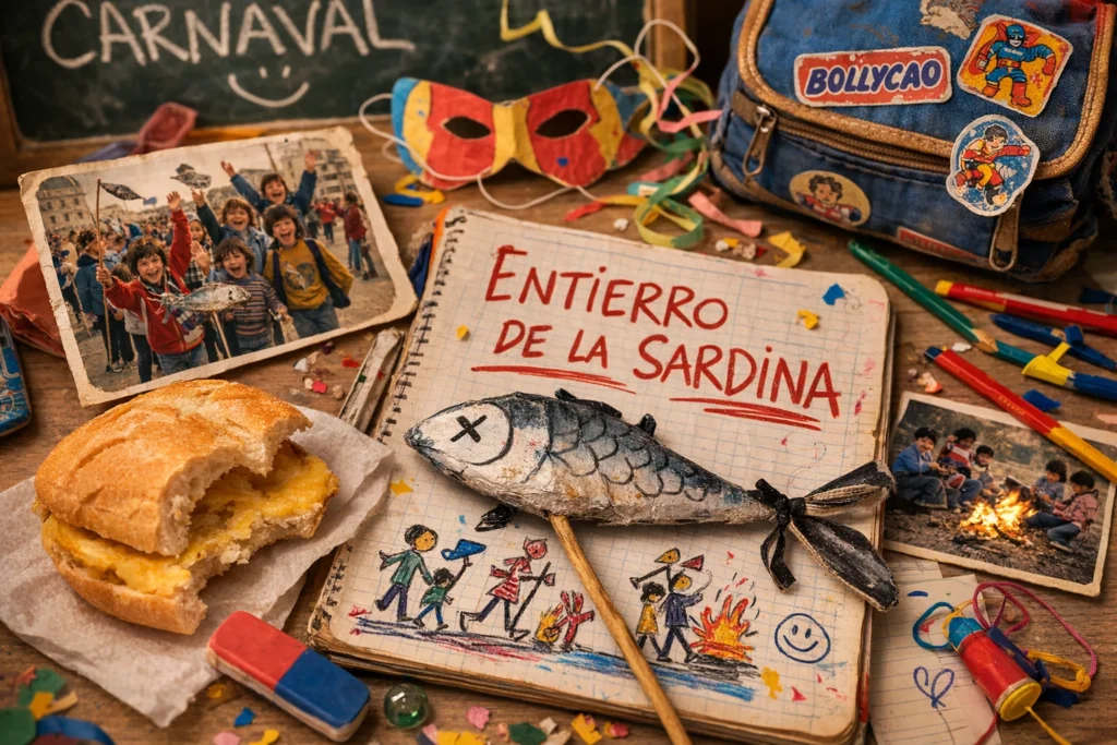 Recuerdos escolares del entierro de la sardina con bocadillo de tortilla y objetos de carnaval