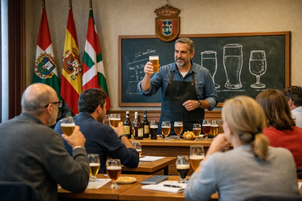 Curso municipal de cerveza en Erandio con un monitor explicando una cata a varios asistentes en un aula