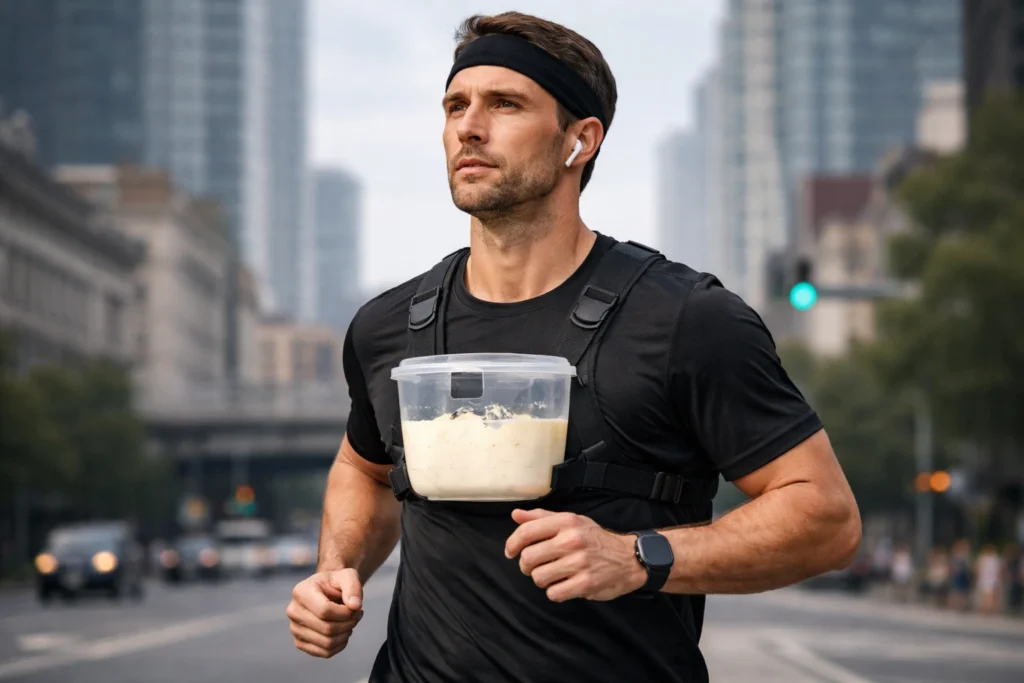 Corredor urbano hacer mantequilla mientras corres con un tupper de nata sujeto al pecho.
