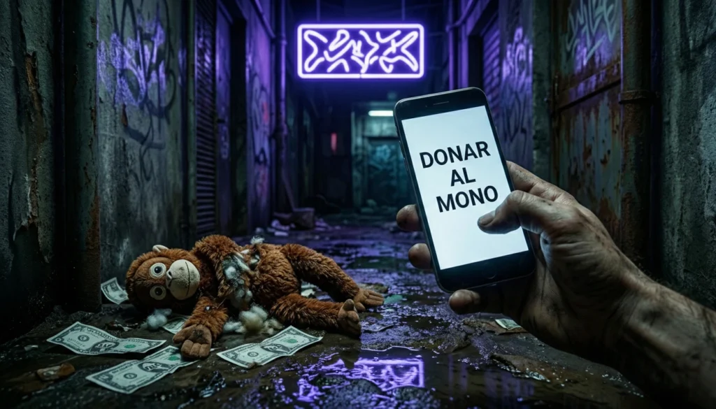 Primer plano de un móvil con el mensaje "DONAR AL MONO" en un callejón oscuro con dinero falso y un peluche roto en el suelo.