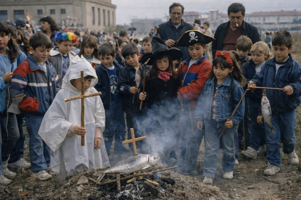 Ceremonia escolar del entierro de la sardina en un descampado durante el carnaval