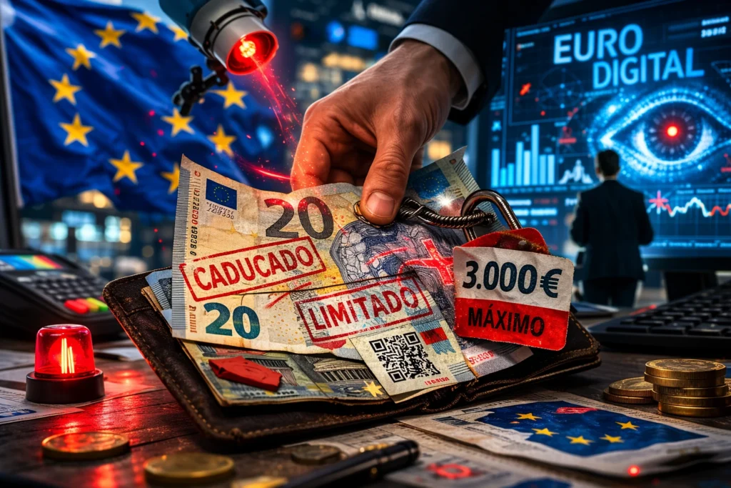 Cartera con billetes de euro vigilados y limitados visualmente como metáfora del control y las restricciones del euro digital.