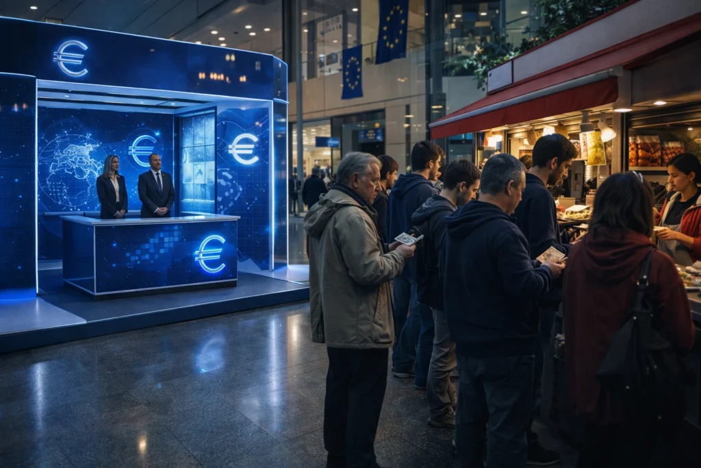 Stand futurista del euro digital completamente vacío mientras la gente hace cola en un puesto normal pagando con efectivo y tarjetas.