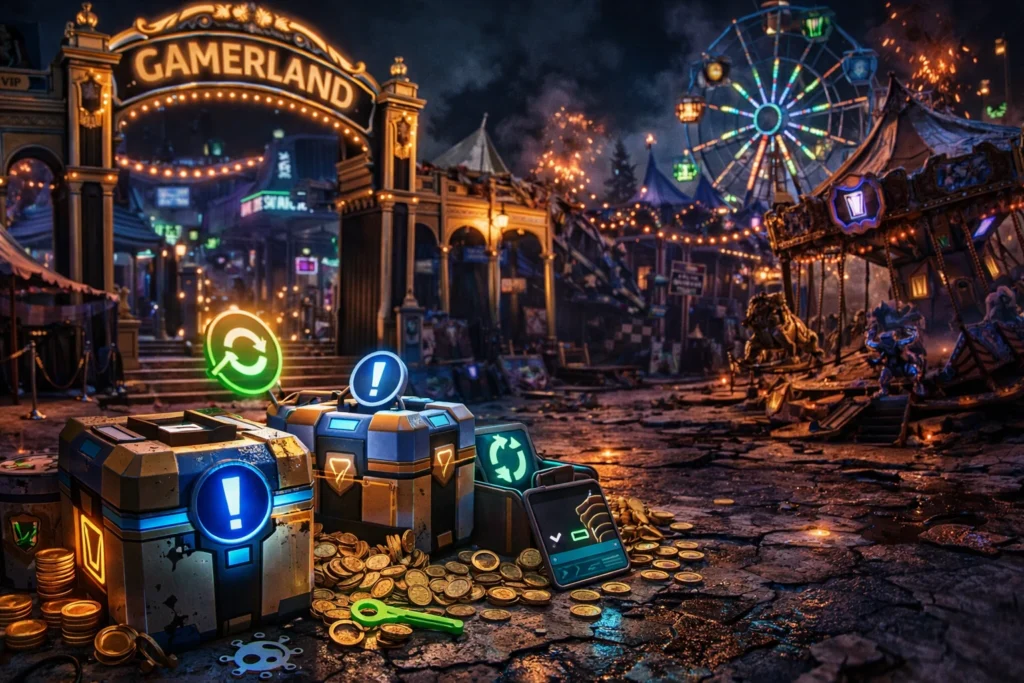 FBI investiga Steam: la tienda donde el malware te llega en un parche 7 Parque de atracciones decadente inspirado en el mundo gaming con loot boxes, monedas, símbolos de actualización y ambiente de caos.