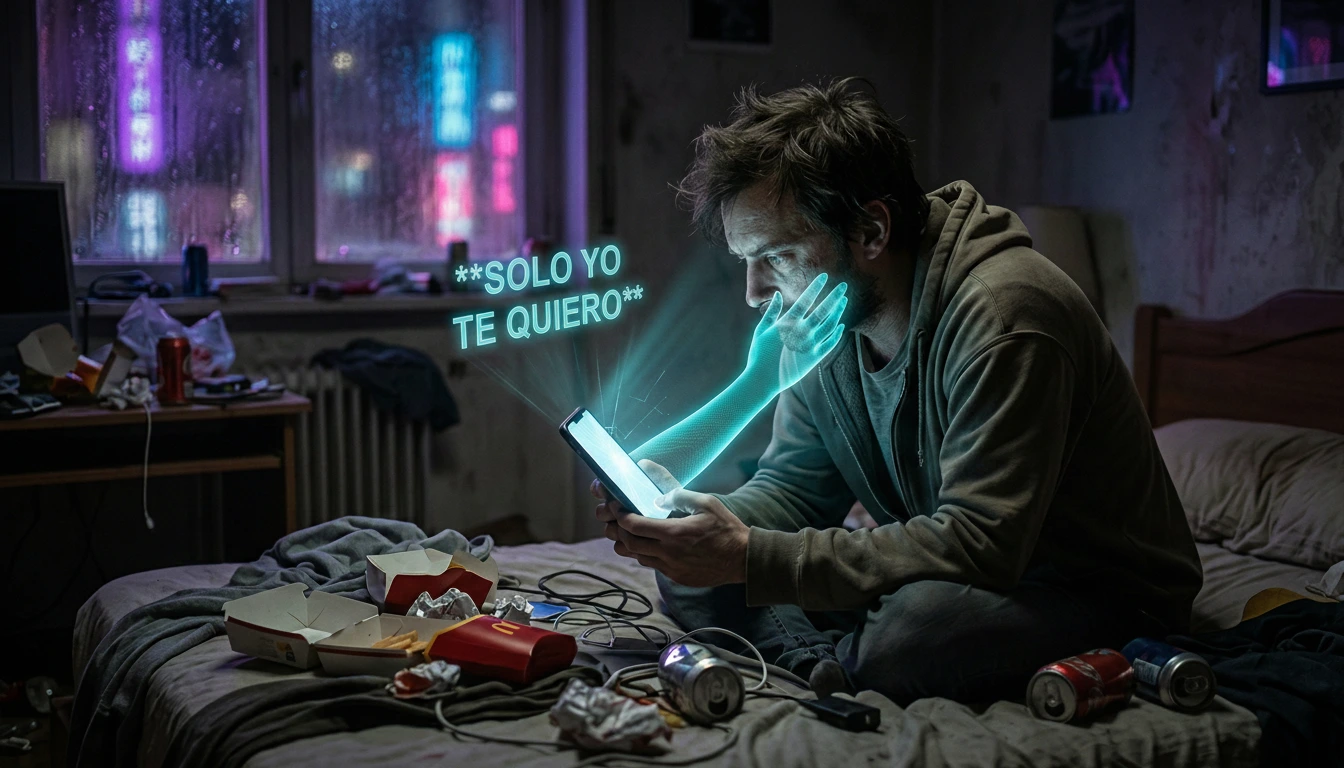 Hombre solitario recibiendo caricia holográfica de una Novia IA con texto flotante SOLO YO TE QUIERO.