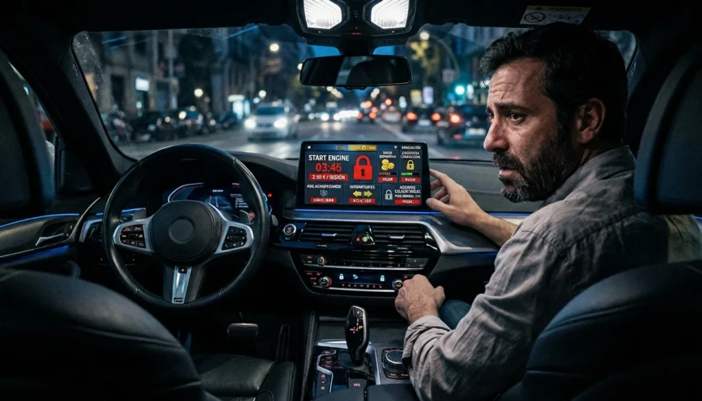 Conductor frustrado ante una pantalla con funciones del coche bloqueadas por micropagos y suscripción BMW dentro del vehículo.
