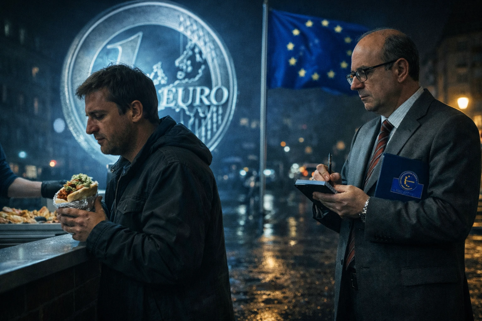 Burócrata del Banco Central Europeo anotando la compra de un kebab de madrugada bajo un gran símbolo del euro y una bandera de la Unión Europea.