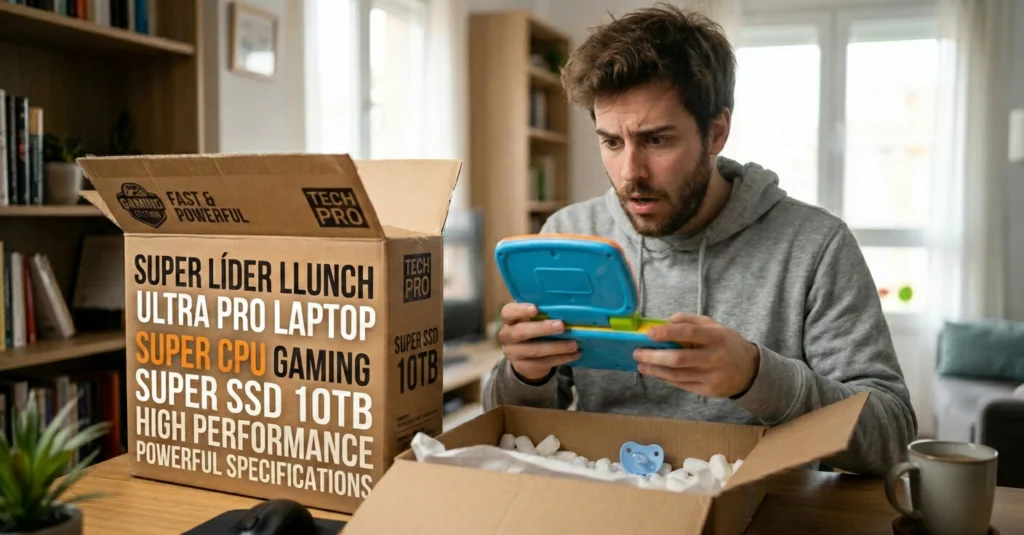 Chico decepcionado descubriendo la estafa al abrir la caja de la trampa portátiles Amazon.