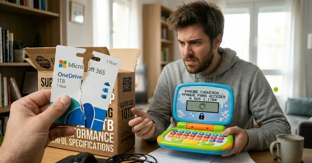 Joven frustrado frente a un portátil de juguete por la nube caducada de la trampa portátiles Amazon.