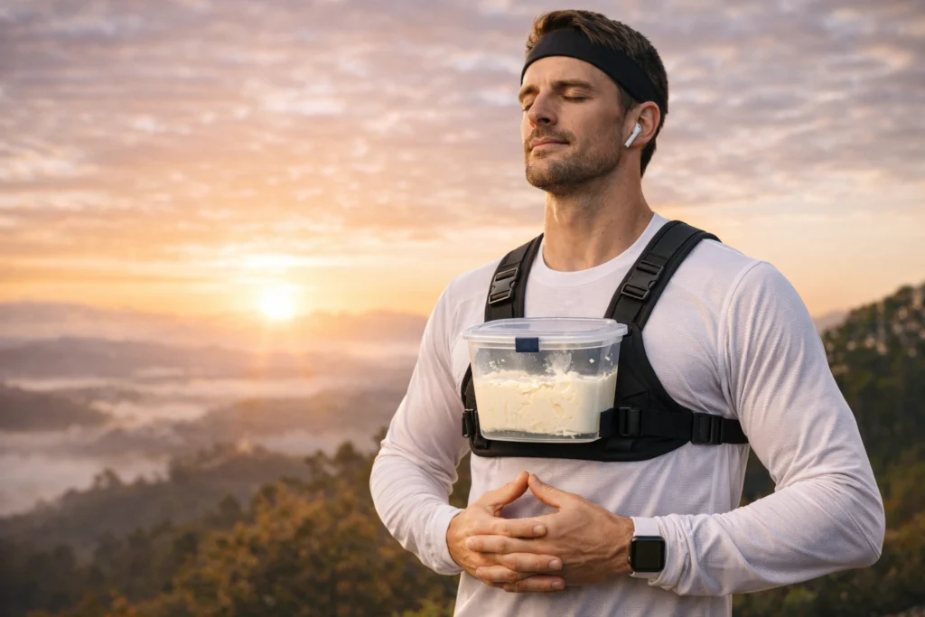 Runner en pose de bienestar premium con un recipiente de nata sujeto al pecho durante una carrera.