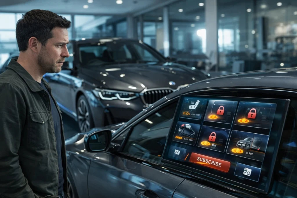 Cliente mirando un coche de lujo en concesionario mientras una pantalla muestra funciones bloqueadas por la suscripción BMW.