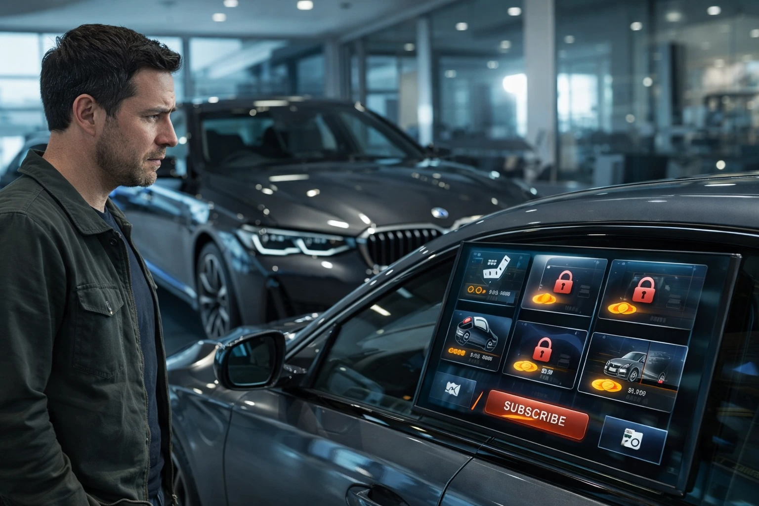 Cliente mirando un coche de lujo en concesionario mientras una pantalla muestra funciones bloqueadas por la suscripción BMW.